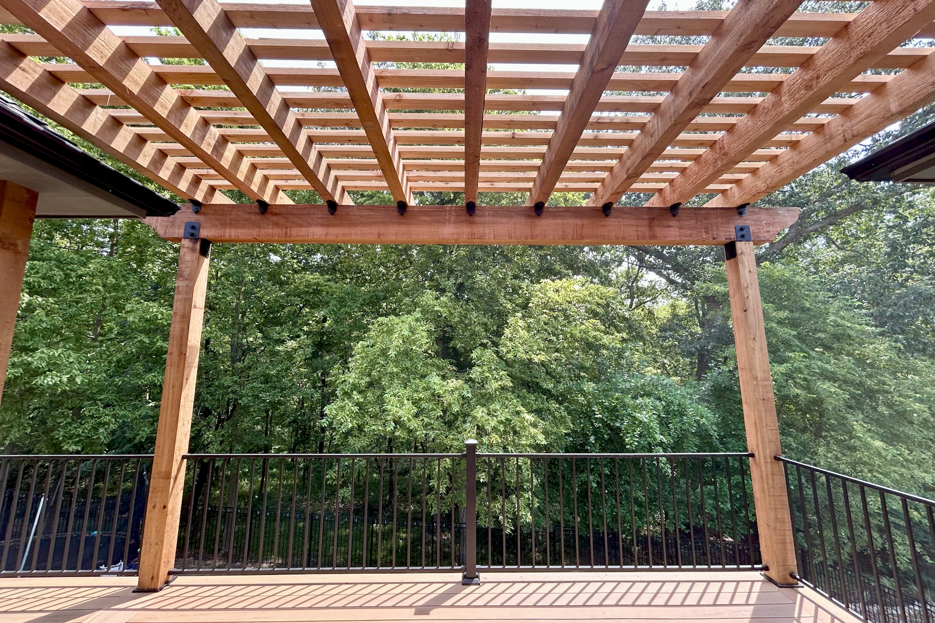 view under custom pergola